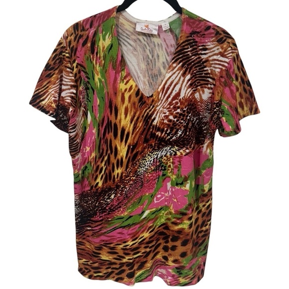 Quacker Factory Leopard and Floral Print Rhinestone V-Neck Blouse Size S - Picture 2 of 10